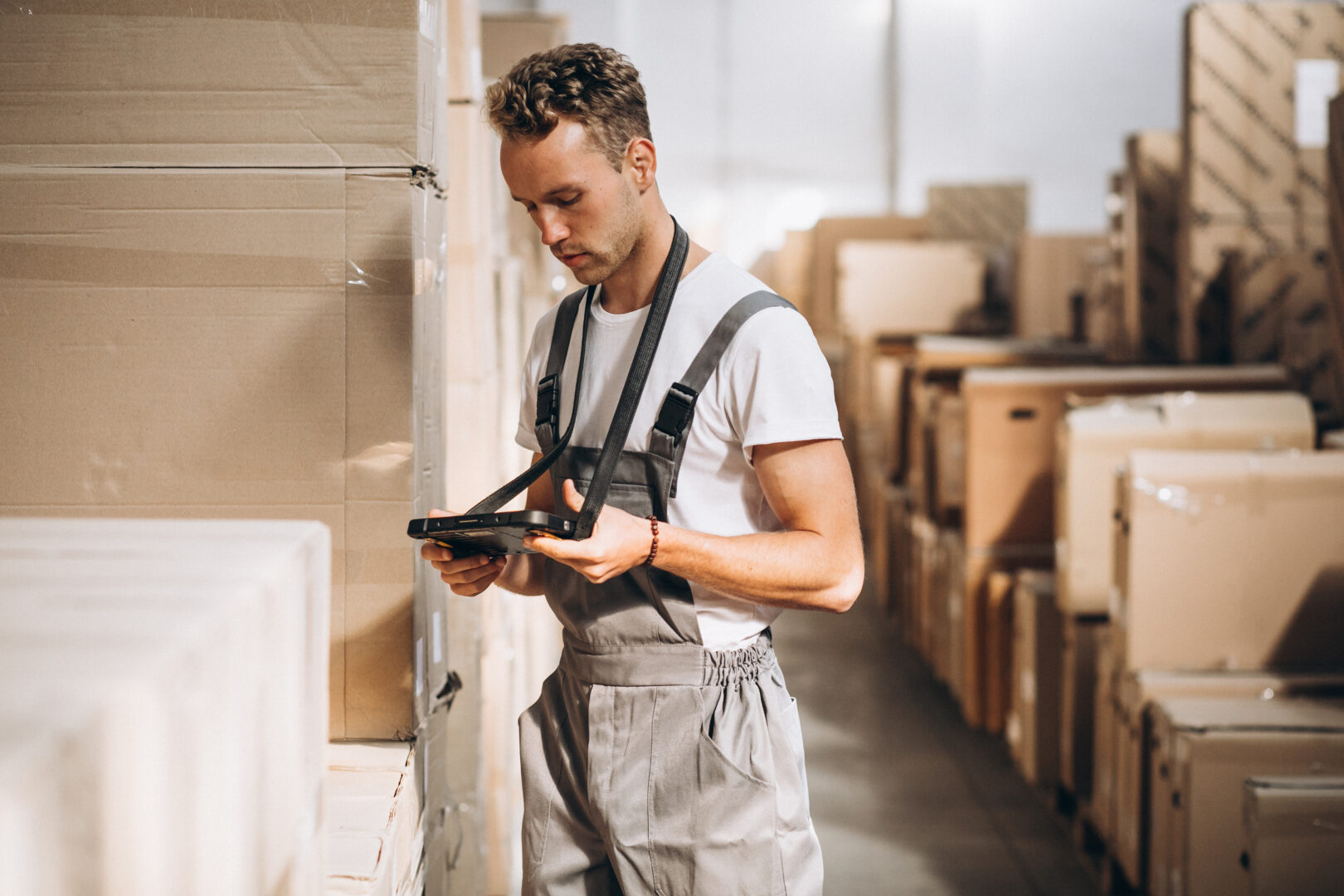 jeune homme travaillant dans un stockage avec des cartons en fond